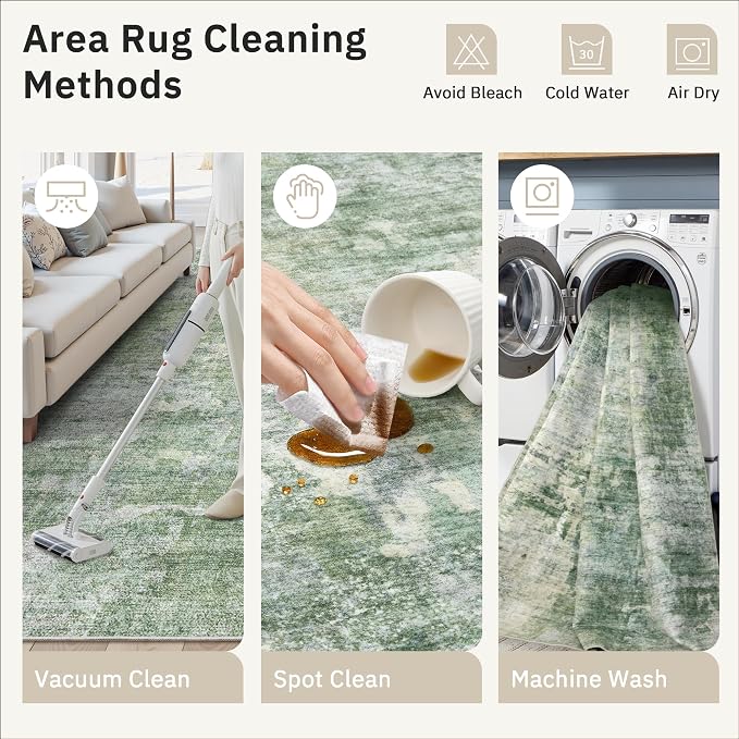 Soalmost 10x14 Area Rugs for Living Room Washable Rug Abstract Green/Ivory | - Image 9