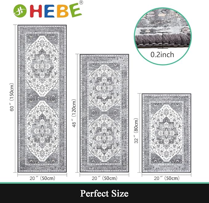 HEBE Boho Kitchen Rugs Set of 3, Non Slip Washable Kitchen Mats - Image 2