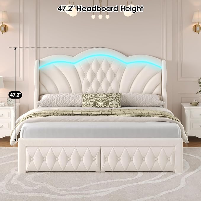 Keyluv Queen Bed Frame with LED Lights and 2 Storage Drawers, Velvet - Image 5