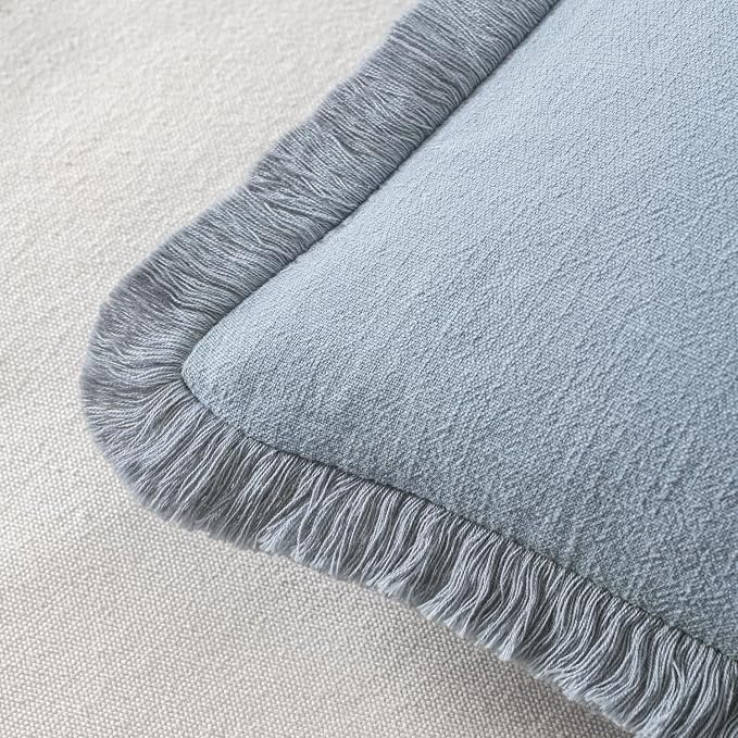 MIULEE Linen Fringe Decorative Euro Throw Pillow Covers Light Blue 26x26 | Set - Image 3