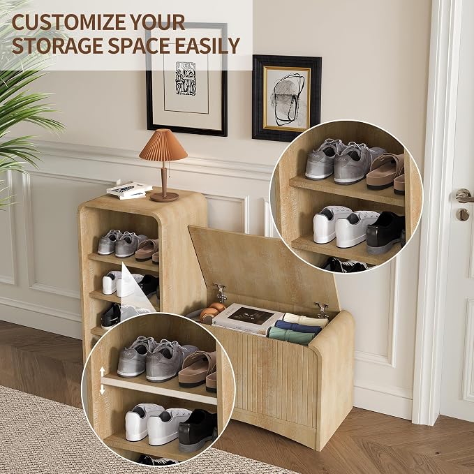 Shoe Cabinet with Bench, L-Shaped Shoe Storage Cabinet, Wood Tall Shoe Rack - Image 6