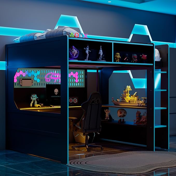 Modern Gaming Loft Bed with Built-in Desk, LED Lighting & Charging Hub – Full by Unknown