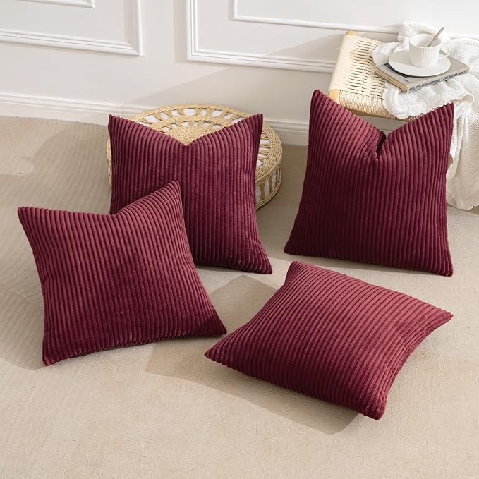 MIULEE Soft Corduroy Decorative Throw Pillow Covers Burgundy 18x18 | Set of 4 - Image 6