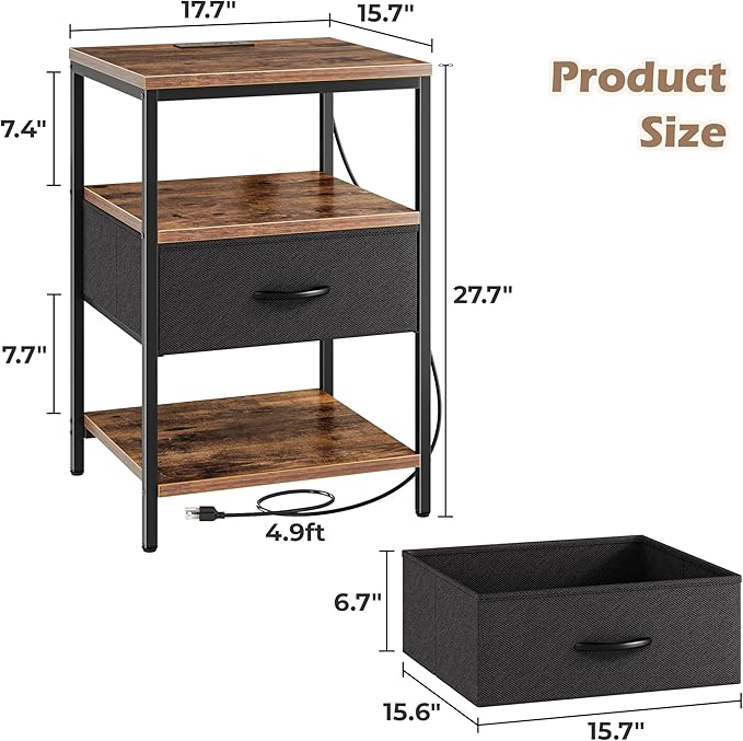 SUPERJARE Night Stand with Charger Station, 27.7 Inch Tall Nightstand with - Image 3