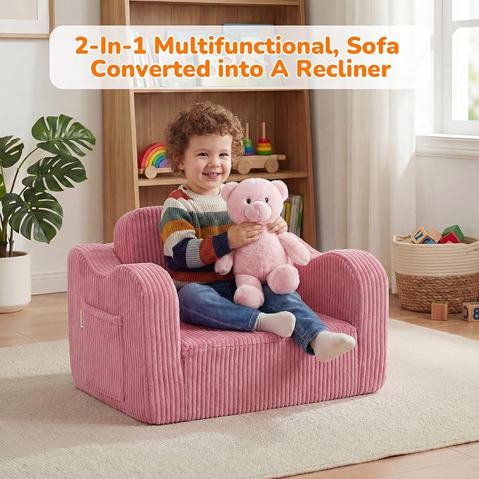 MeMoreCool Corduroy Pink Kids Chair, 2-in-1 Kids Couch Fold Out to Lounger - Image 5