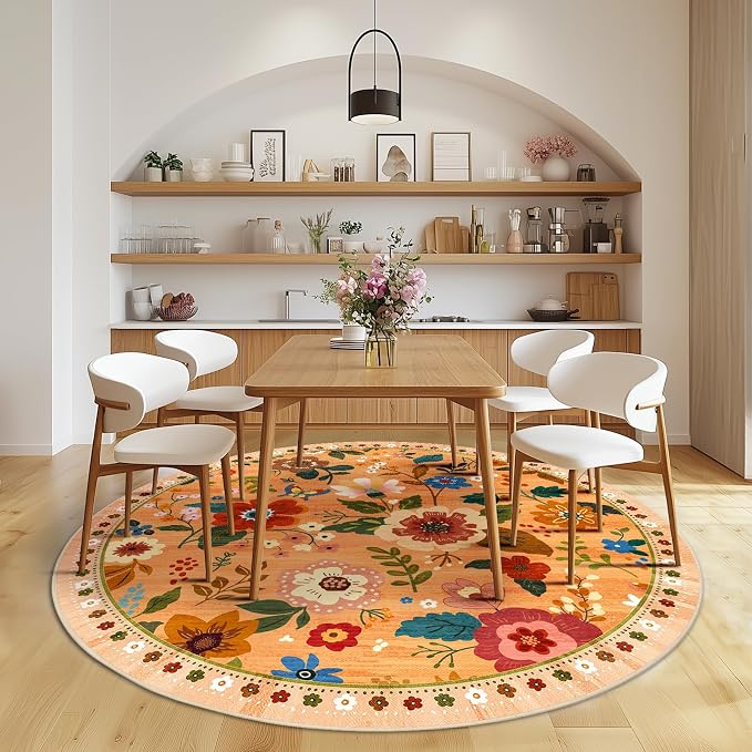 RELEANY Floral Washable Round 6ft Area Rug Yellow/Orange/Red | Flower Carpet - Image 8