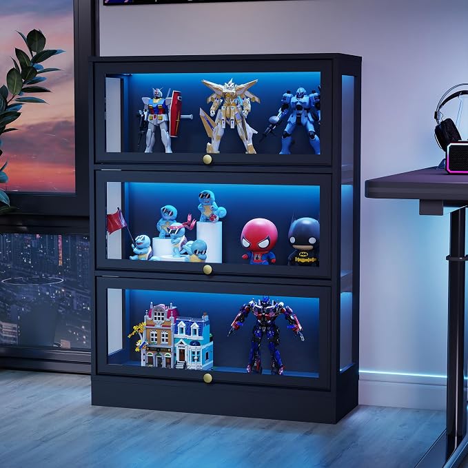 Display Cabinet with Acrylic Glass Doors, 3-Tiers Curio Cabinet with LED by BONITURE