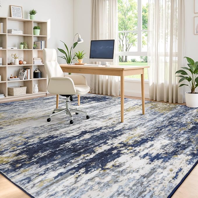 9x12 Area Rug for Living Room, Abstract Washable Large Rugs, Dark Blue | - Image 6