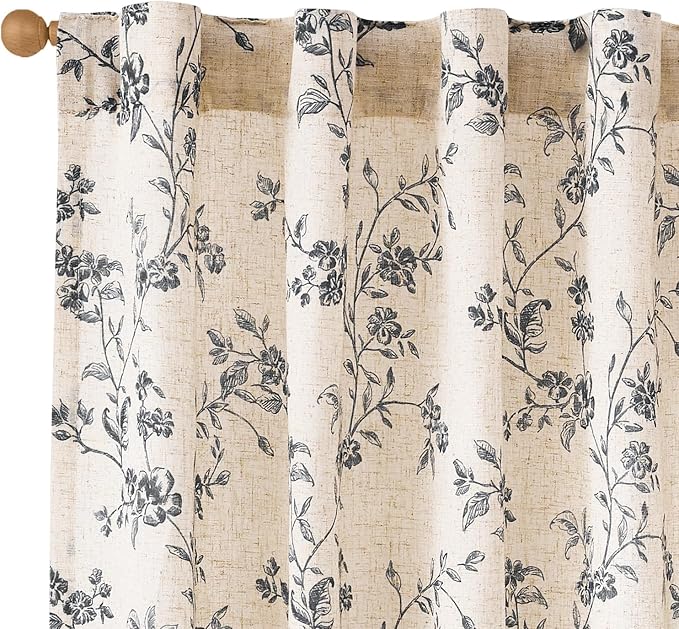 Black Vintage Floral Linen Curtains Farmhouse 38W X 84L 2 Panels | Elisa Series by Lazzzy