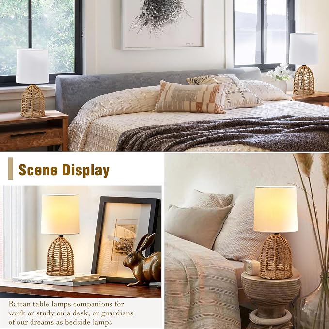 EJIAXIN Rattan Lamp Boho Lamps Set of 2-13.75" Mini Farmhouse Table Lamp Rustic - Image 3
