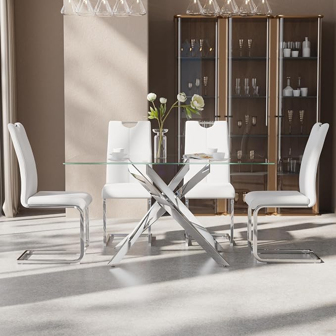5-Piece Dining Table Set for 4, Modern Rectangular Glass Table - Image 3
