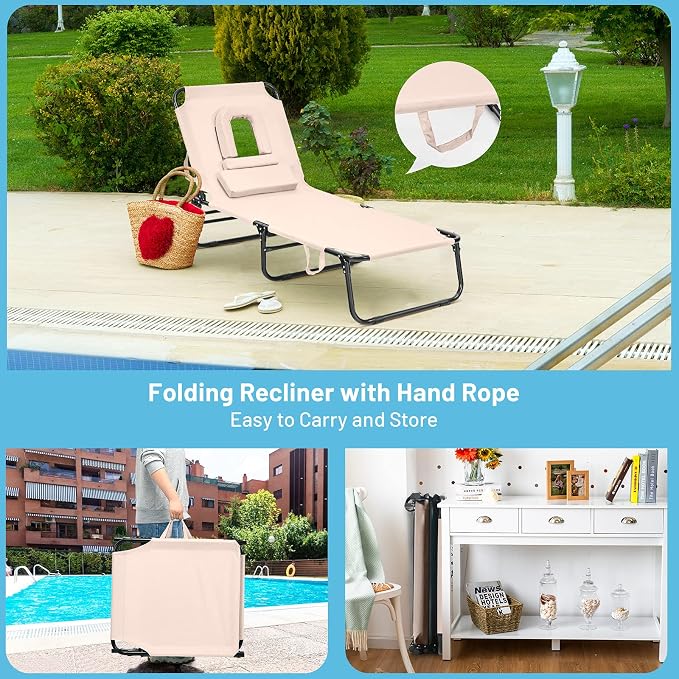 Folding Beach Lounge Chair w/ 5 Adjutable Backrest & Padded Pillow, Sunbathing - Image 8