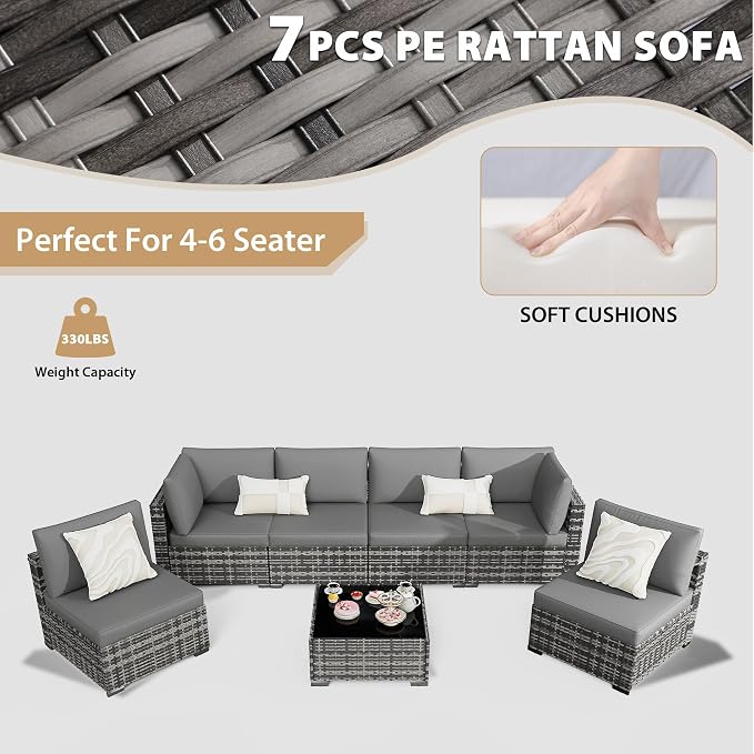 KIGOTY Patio Furniture Set, 7 Pieces Modular Outdoor Sectional Sofa, PE Rattan - Image 5