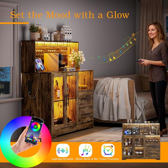 Home Bar Cabinet with Adjustable RGB LED Light, Wine & Coffee Storage with Rack - Image 4