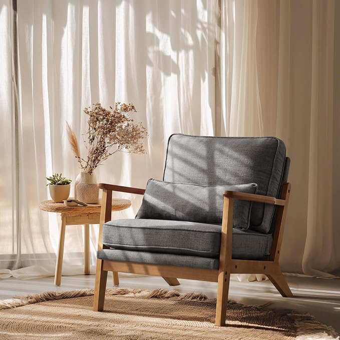 VINGLI Solid Wood Wide Armrests Accent Chair, Upholstered Mid Century Modern by VINGLI