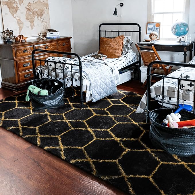 8x10 Area Rugs for Living Room, Fluffy Black and Gold Bedroom Geometric Rug | - Image 8