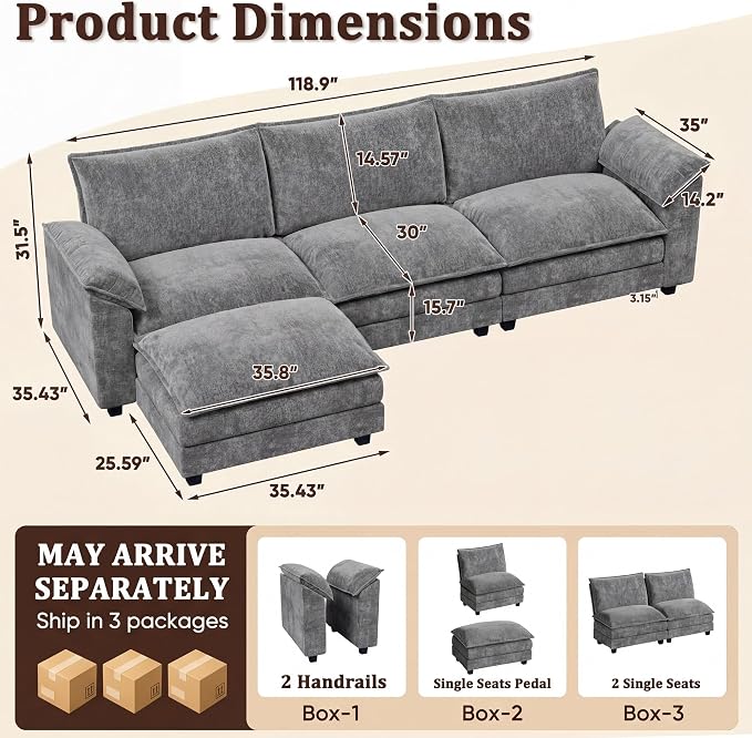 JUMMICO 118.9" Modular Sectional Cloud Couch 3-Seat Sofa Set - Image 2
