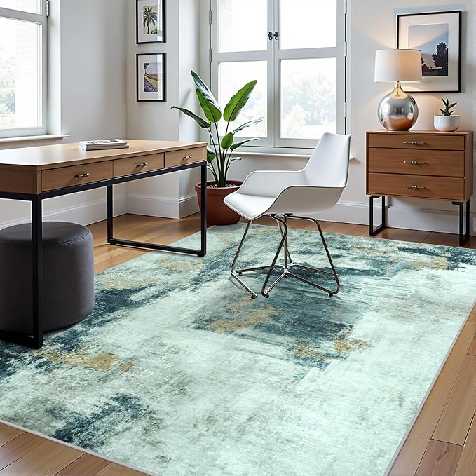 6x9 Area Rugs for Living Room Washable Bedroom Dining Room Teal Grey Gold | - Image 3