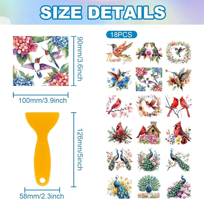 GLOBLELAND 18 Sheets Cardinal Transfer Stickers 3.9x3.6inch Hummingbird Decals - Image 2
