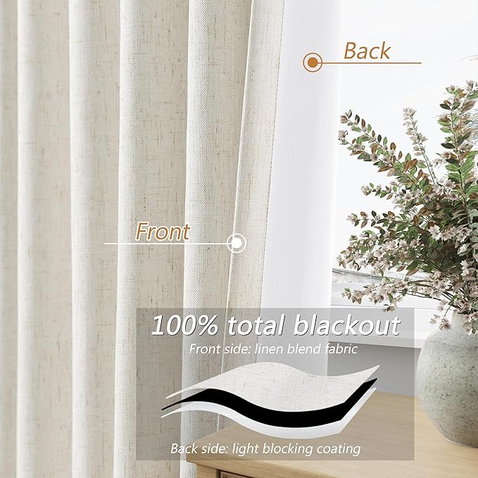 Beige White 100% Blackout Linen Curtains 112 Inch Length 2 Panels Set - Image 3