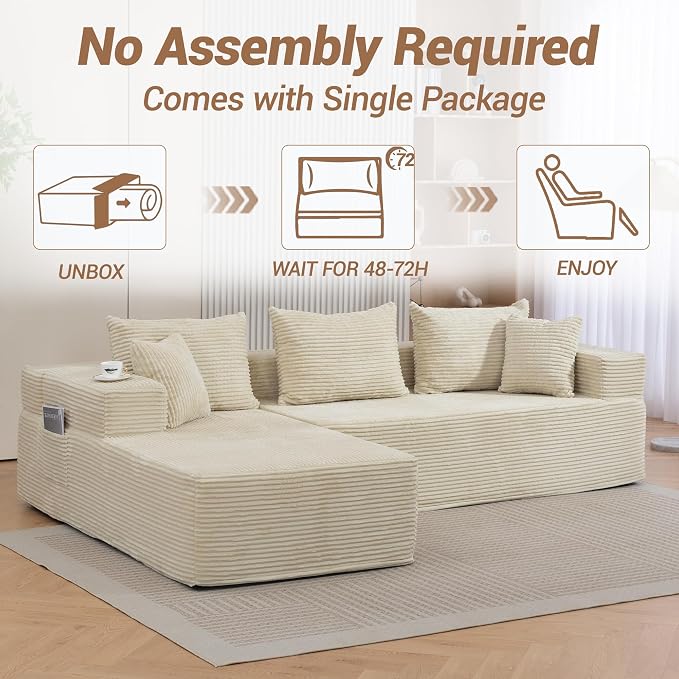105'' Modular L-Shaped Boneless Sectional, Corduroy Deep Seat Cloud Sectional - Image 6