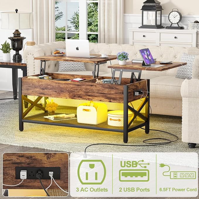 Aheaplus Coffee Table with LED Light and Power Outlet, Modern Lift-Top Center - Image 6