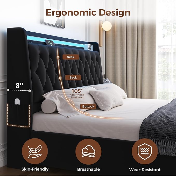 Queen LED Velvet Bed Frame - Image 5