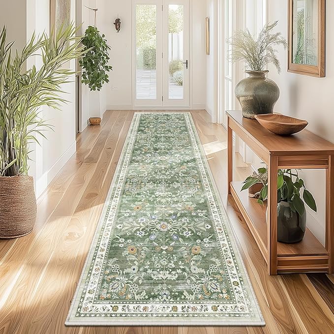 Yamaziot 2x8 Washable Hallway Runner Rug Non Slip Floral Carpet, Sage Green | by Yamaziot