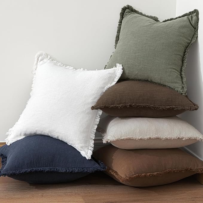 MIULEE Linen Fringe Decorative Fall Pillow Covers Chocolate Brown 18x18 | Set - Image 6