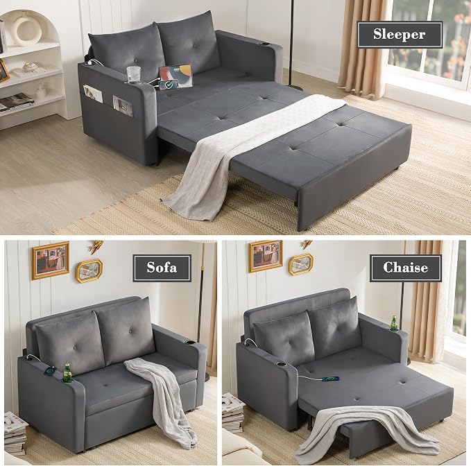 Krcix 3 in 1 Pull Out Couch, 56 Inch Velvet Sofa Bed, Convertible Sleeper Sofa - Image 5