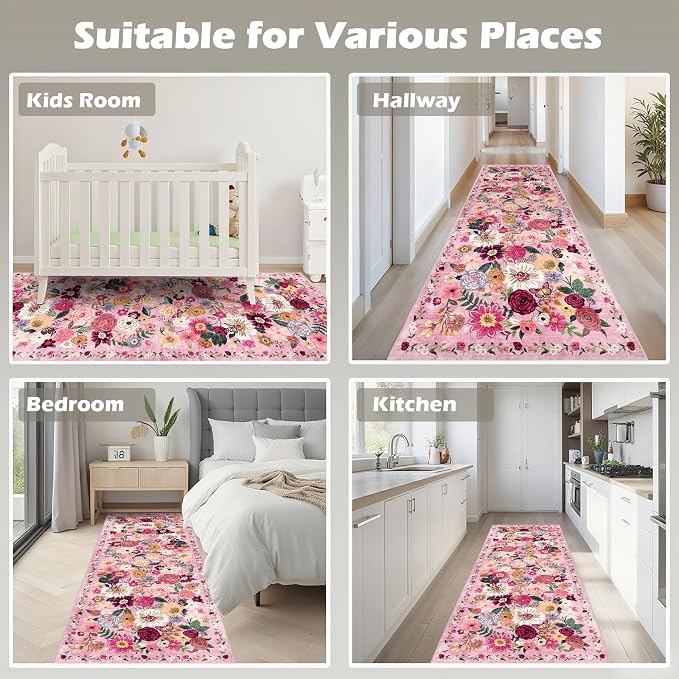 Pink Rug for Hallways Kitchen Runner Rug 2x8 | Non Slip Washable Rugs - Image 3