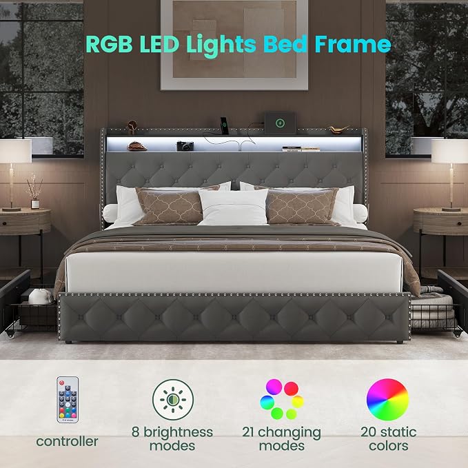 LARMACE King Bed Frame with 4 Storage Drawers and USB Charging Station Velvet - Image 3