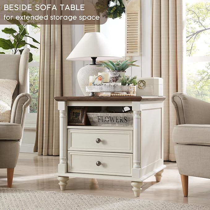 T4TREAM 24'' Farmhouse End Table w/4 Solid Wood Feet, Large 2 Drawers Wide Sofa - Image 7