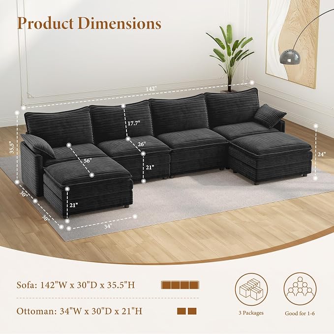 Vesgantti 142" U Shaped Sectional Cloud Couch, Large Cloud Modular Sectional - Image 2