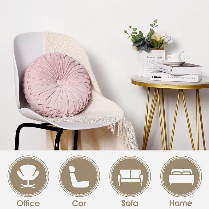 HIG Set of 2 Pink Velvet Decorative Round Pleated Throw Pillows | Vintage Floor - Image 2