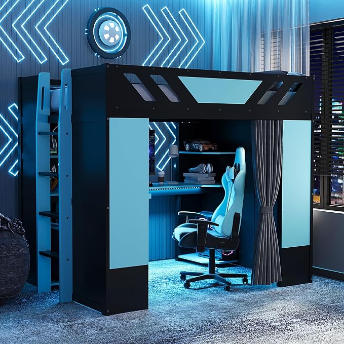 Full Size Wood Loft Bed with Built-in Workstation, Smart Storage, RGB Lighting by Bekeknlny