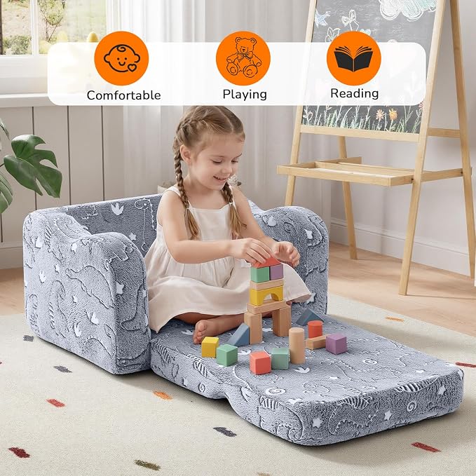 MeMoreCool Glow-in-the-Dark Dinosaur Kids Couch, 2-in-1 Foldable Kids Couch and - Image 3