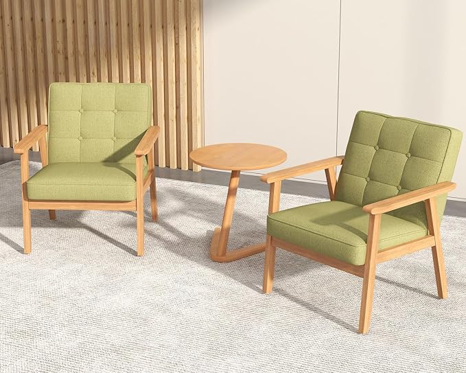 Modern Accent Chair with Wooden Table, Upholstered Linen Fabric Leisure Chair - Image 9