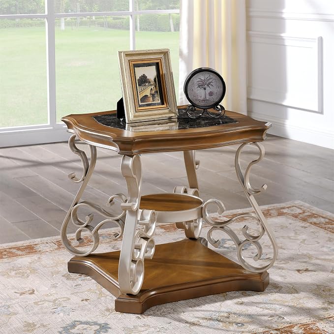 26.2'' 2-Tier Square End Table Marble Paper Top Coffee Table by HMFULE