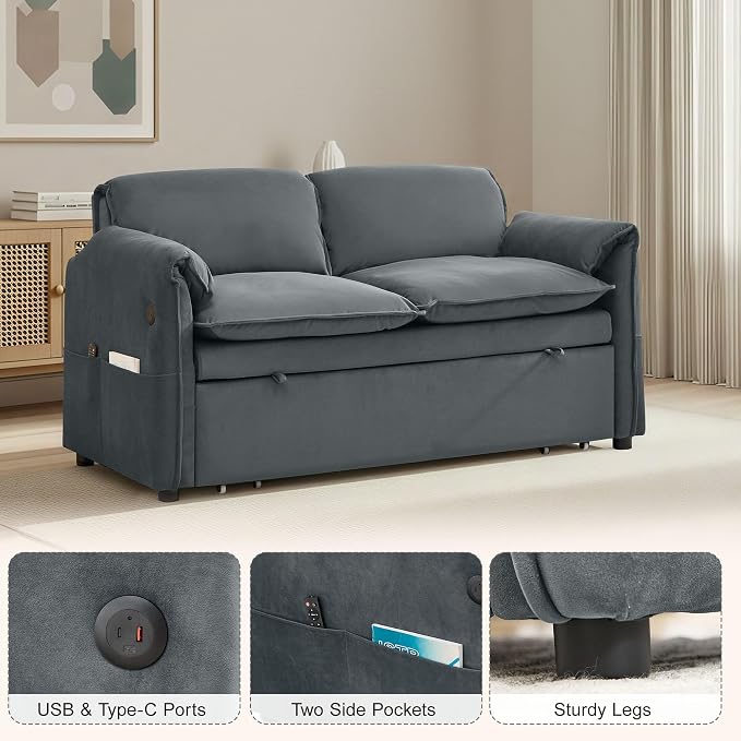 63" Velvet 3 in 1 Convertible Sleeper Sofa Bed, Pull Out Couch Bed Loveseat - Image 3