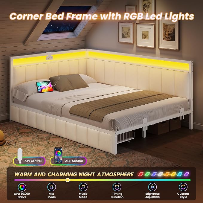 DICTAC Corner Bed Frame with 2 Storage Drawers and Charging Station Full Size - Image 4