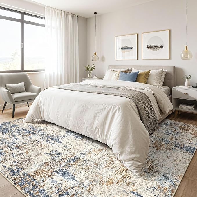 LOONGRUG 5x8 Area Rug Washable Neutral Modern Living Room Rugs Blue Tan | - Image 4