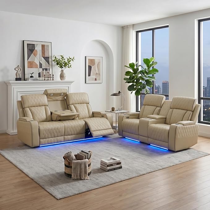 Power Recliner Sofa Set with LED Lights, Includes a Manual Loveseat and a 3 by Unknown