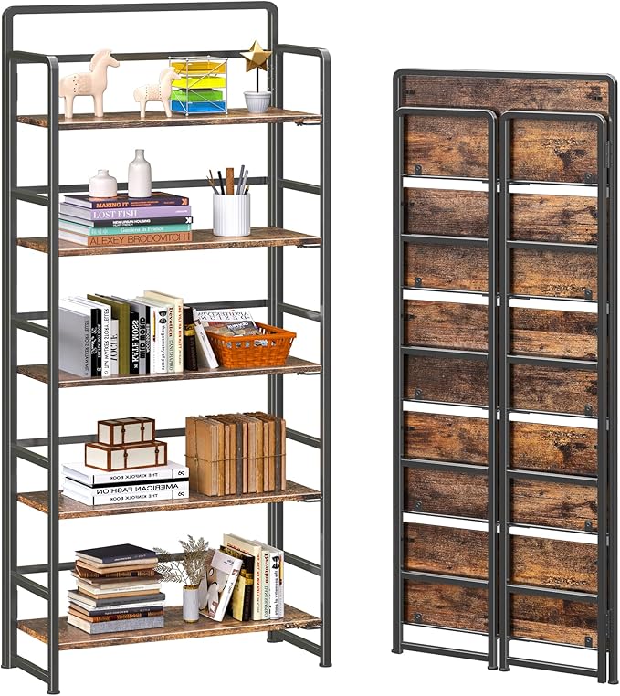 4NM No Assembly 5 Tiers Folding Bookshelf Storage Shelves Vintage Bookcase by 4NM