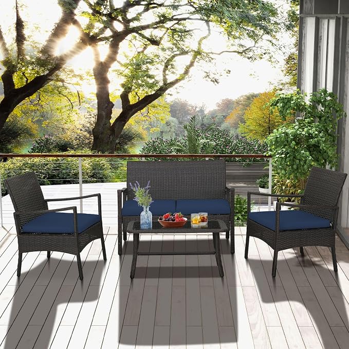 Tangkula 4 Pieces Outdoor Conversation Set, Patio PE Wicker Sofa - Image 3
