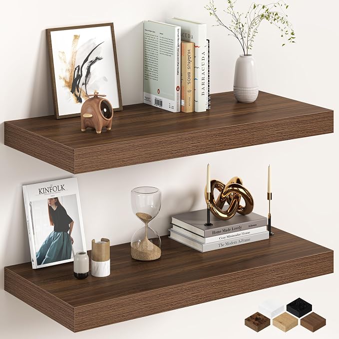 30Inch Walnut Floating Shelves for Wall, 12 Inch Deep Shelves for Bedroom by FunMemories