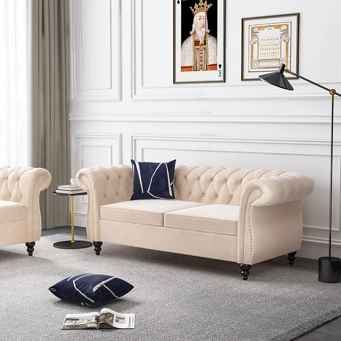 ORRD 2 Piece Living Room Set, Velvet Chesterfield Sofa Loveseat Couch - Image 7
