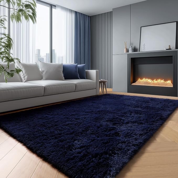 Navy Blue Rug 3x5, Fluffy Dark Blue Rugs - Image 11