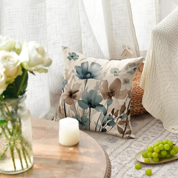 AVOIN colorlife Poppy Flowers Blue Brown Pillow Covers 18x18 Inch Set of 2 | - Image 3