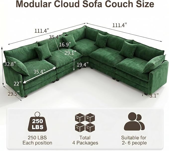 111.4" V-Shaped Corner Couch Sectional｜5 Seat Customizable Modular Cloud - Image 2